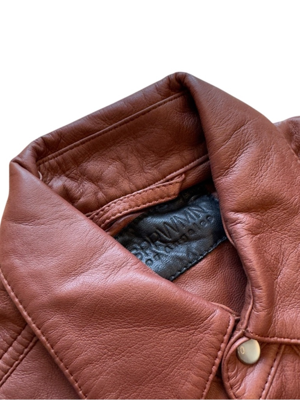 SPRWMN Brown Leather Snap Front Shirt Genuine Leather Small Quiet Luxury STAINED - Picture 10 of 16